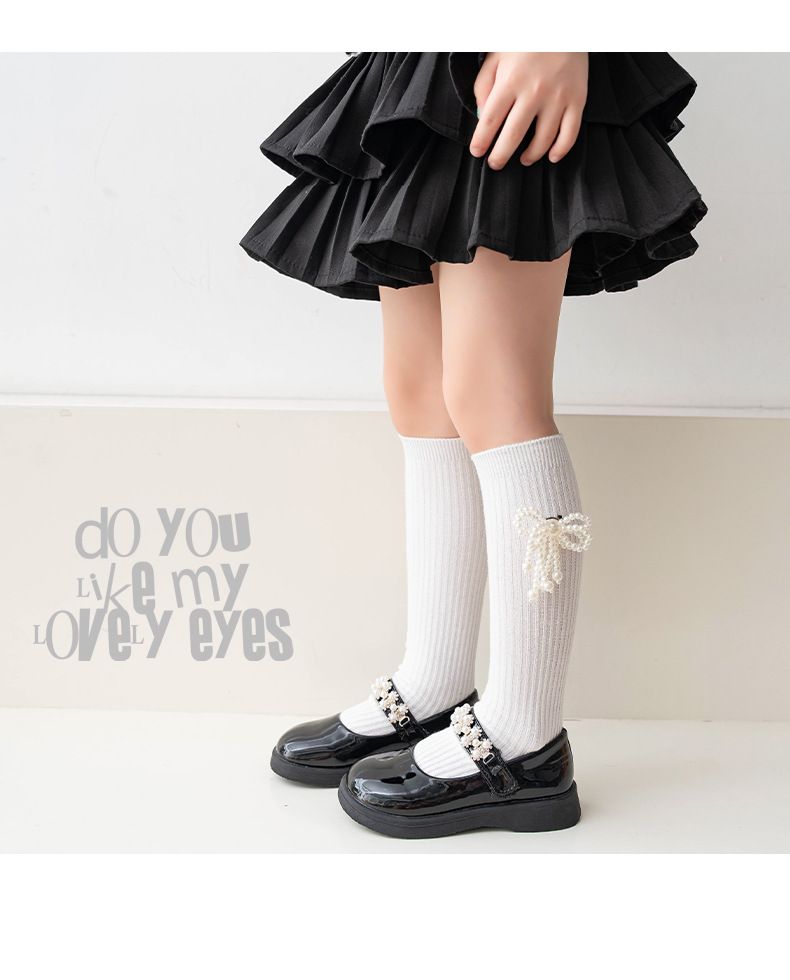 Vêtements pour enfants Chaussettes pour filles à fleurs de perles Chaussettes moyennes à nœud papillon pour enfants mignons Chaussettes empilées pour filles de printemps et d'automne Chaussettes de princesse Lolita_voghion.com