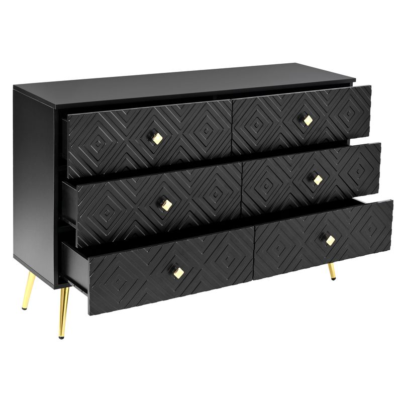 Kommode Schwarz 120x80cm Mit 6 Schubladen, Gold-Akzenten, Metallbeinen_voghion.com