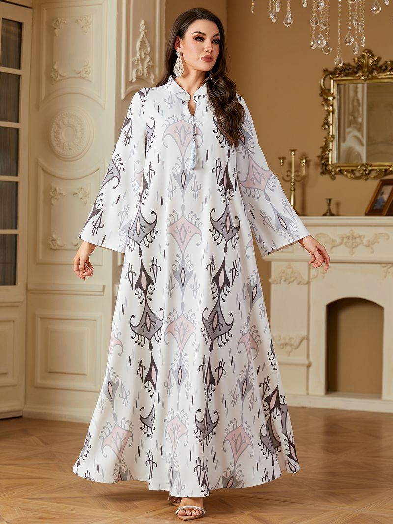 Elegant Digital Print Muslim Abaya Dress For Women - Modest Long Sleeve Maxi Dress With Silver Pendant Detail, Polyester Fabric, Available In White_voghion.com