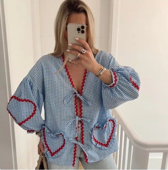Women's Clothing Tie Front Top Leopard Print Ruffle Babydoll Top 3/4 Length Puff Sleeves_voghion.com