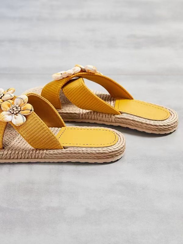 Scarpe da donna, nuove pantofole estive da donna, con una sola linea, con fondo in corda, tinta unita, tendenza moda, per interni ed esterni, con sei piccoli fiori._voghion.com