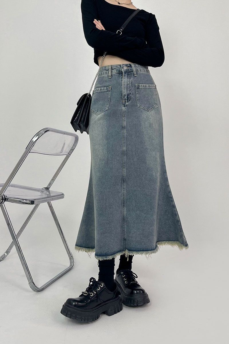 Robust denim dametøj i mellemlang indershorts i koreansk pæreformet, højtaljet, kødbeklædt A-formet bagdel_voghion.com