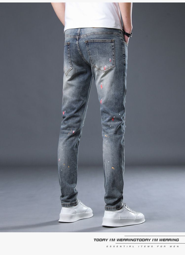 Painted trendy elastic youth distressed jeans slim fit spring/summer small leg denim men's pants_voghion.com