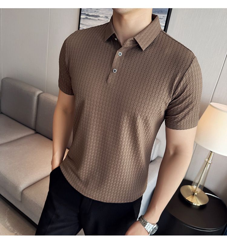 Summer New High-end Fabric Ice Silk Seamless Short-sleeved High Elastic Thin Waffle Lapel Short-sleeved Polo Shirt Men's_voghion.com