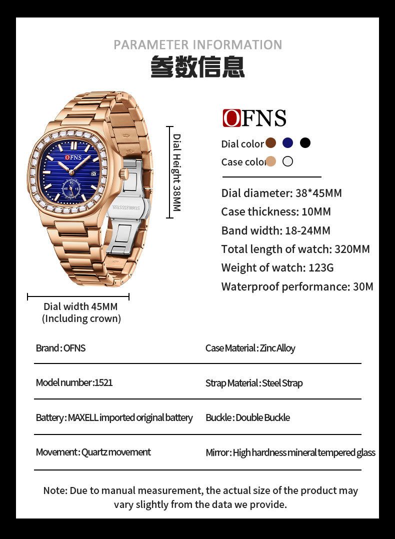Elegant vierkant dameshorloge met kristallen, datumweergave, lichtgevende wijzers en roestvrijstalen band. Dameshorloge met quartzhorloge en kalender._voghion.com