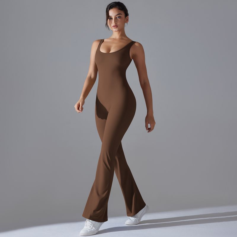 Neuer, einfarbiger, hüfthebender, langer, schmal geschnittener Jumpsuit mit weitem Bein für Sport, Laufen, Fitness und Yoga_voghion.com