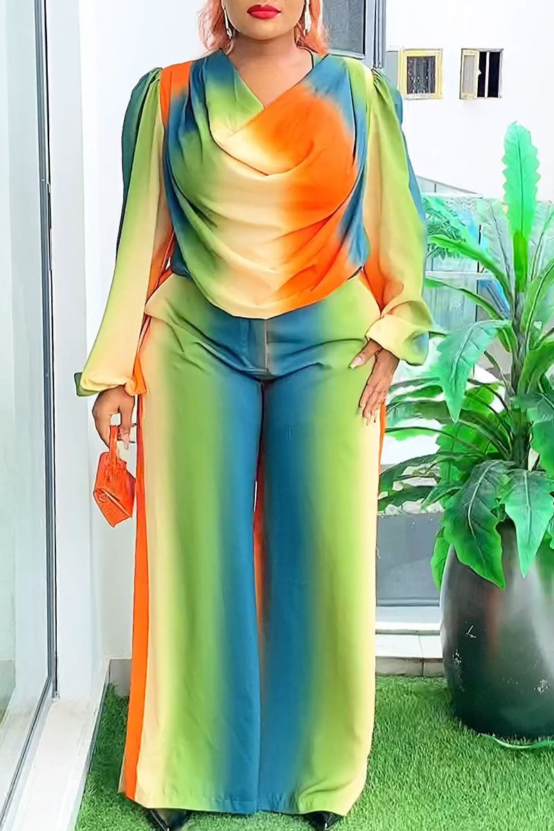 Women's Clothing Printed Swing Collar Wide Leg Pants Suit_voghion.com