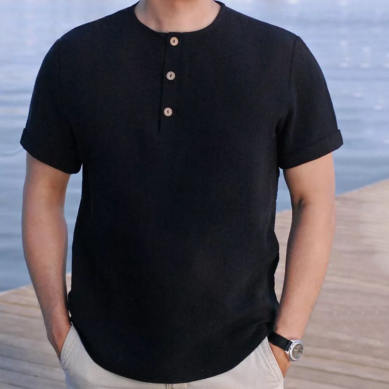 Camicia casual da uomo con scollo rotondo, tinta unita, alla moda, con bottoni_voghion.com