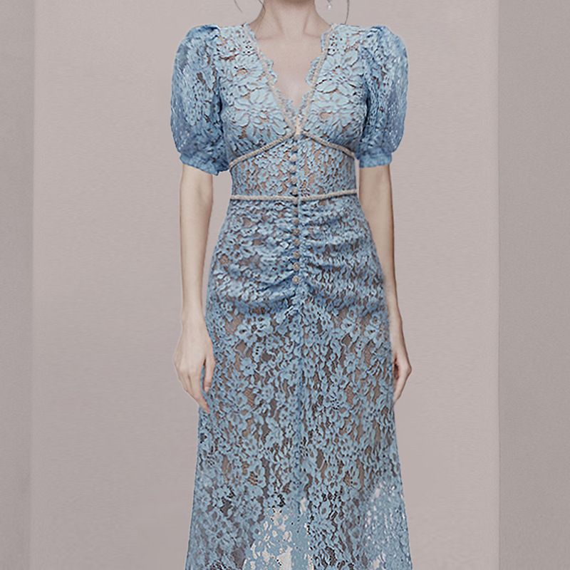 Blaues französisches Abendkleid, kann ein Spitzenkleid mit prominentem Temperament tragen, Frauen, Sommer 9433_voghion.com