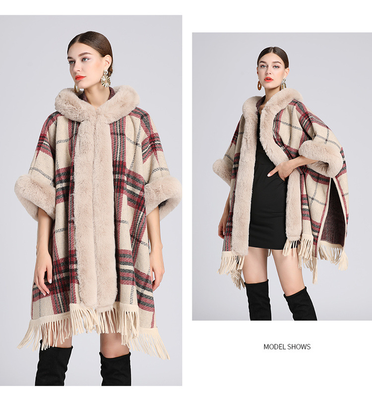 Femmes quand col de fourrure de renard manteau de laine moyen long tempérament cape cape manteau_voghion.com