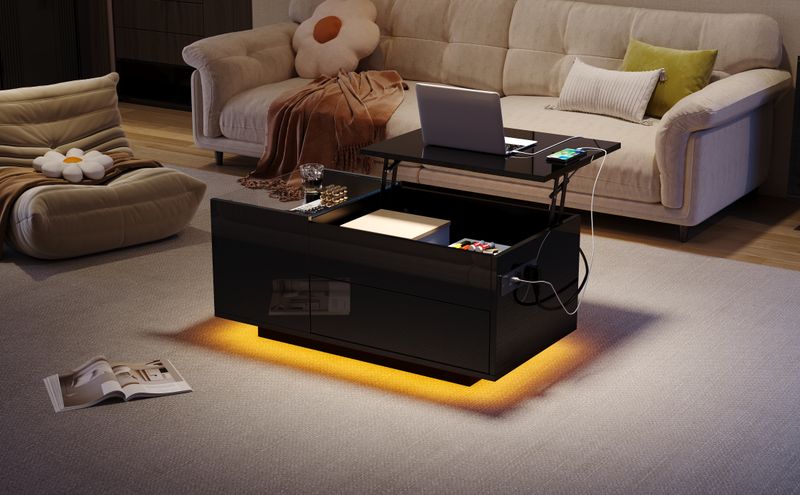 Table basse réglable en hauteur 95 x 48 x 42 cm avec rangement dissimulé, éclairage LED, tiroir et prise de courant - Table d'appoint de salon noire_voghion.com
