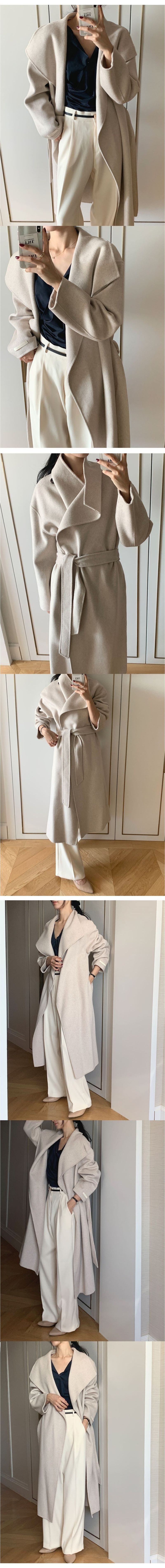 Chic Retro Oversized Lapel Belted Long Wool Coat In Oatmeal & Navy Blue - One Size Fits All_voghion.com