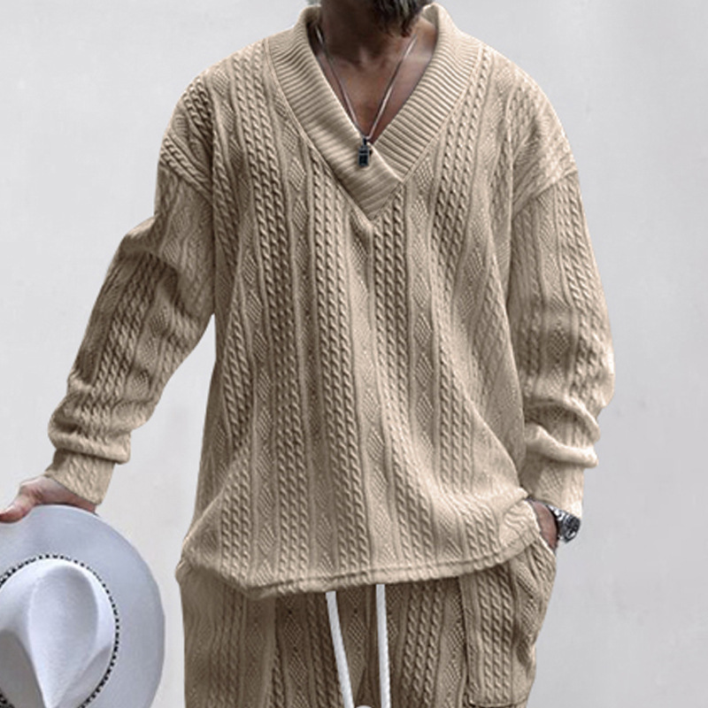 2023 Herbst Casual Strickpullover Herren Lose Langarm T-Shirt Herren V-Ausschnitt Pullover Jacquard Top_voghion.com