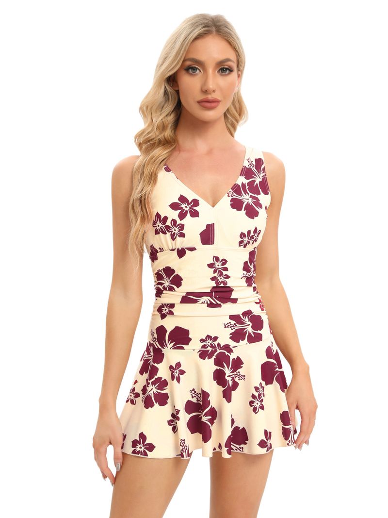 Traje de baño conservador de una pieza con estampado de cerezas para mujer, de talla grande, que cubre el vientre y adelgaza las aguas termales_voghion.com