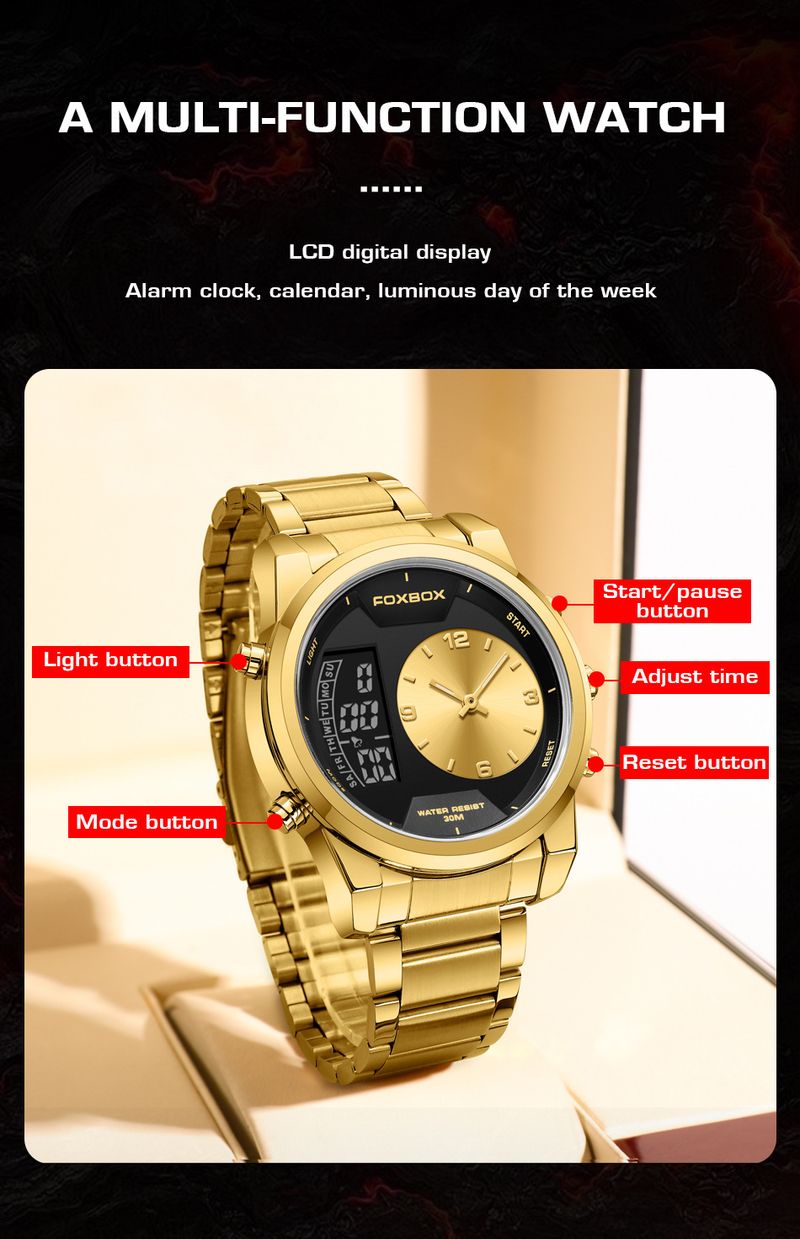 Men's Waterproof Luminous Analog Digital Watch With Alarm Chronograph, Stainless Steel Band, Mineral Glass, 43mm Round Case_voghion.com