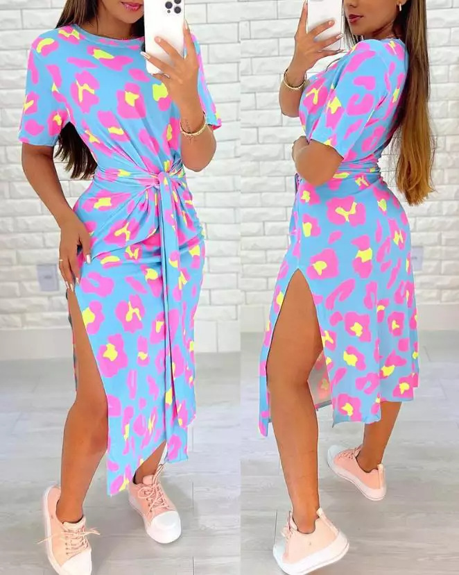 Gonna a trapezio con lacci e maniche corte con scollo rotondo da donna e abito con stampa leopardata con stampa allacciata 14 colori per donna_voghion.com