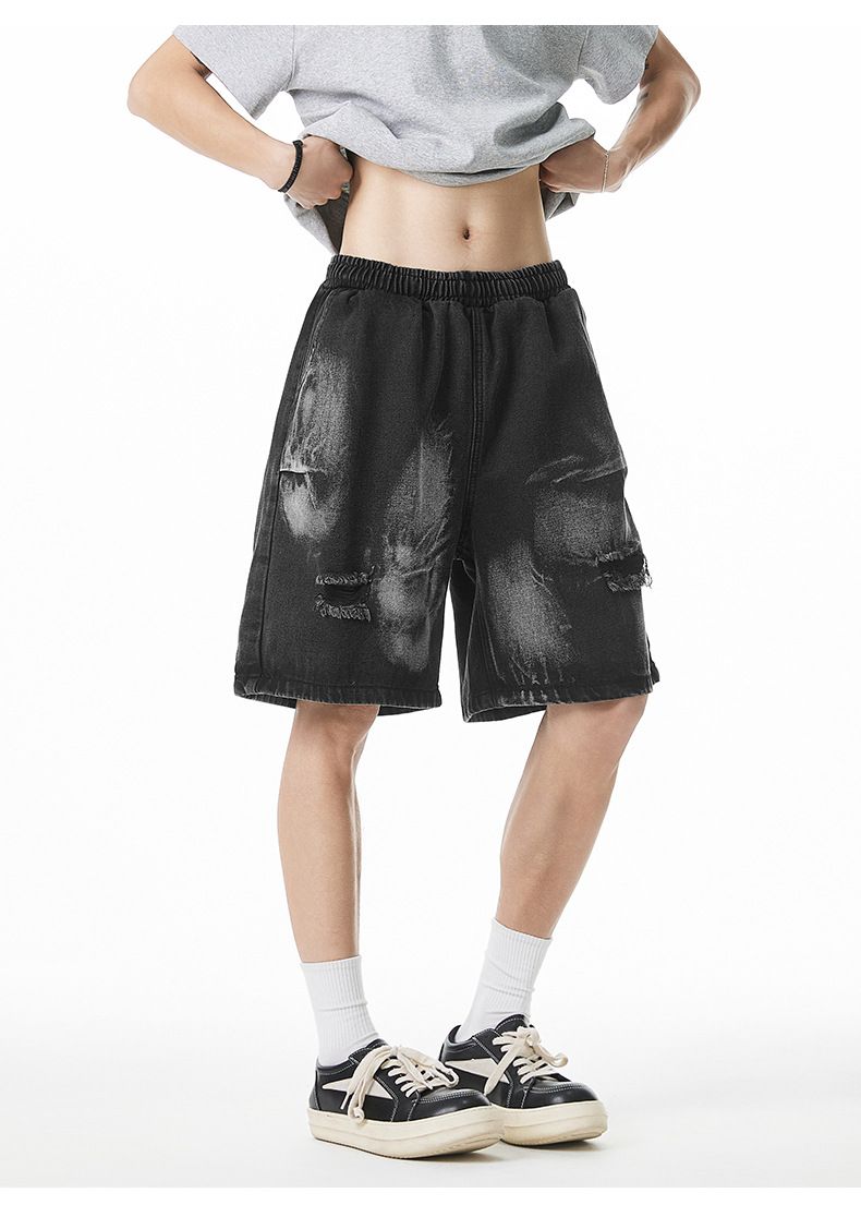 Männerkleeder Déif gewäschte Shorts mat zerrissenen Denim-Look, Summerstyle, gerappte Faarfdesign, Casual, locker, geplitzten Shorts_voghion.com