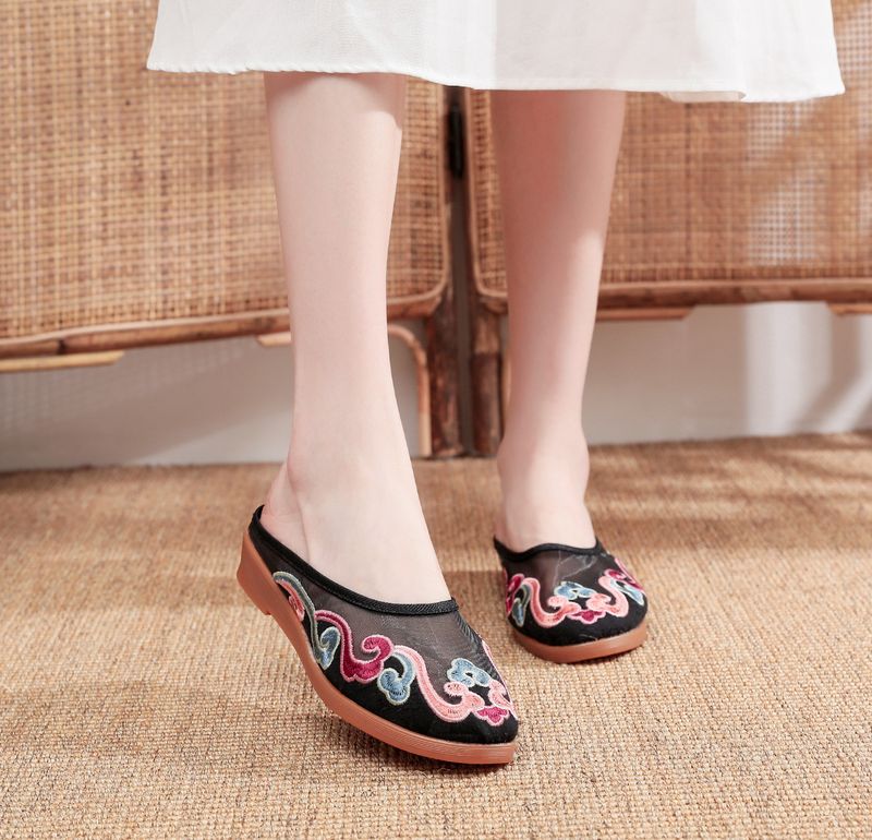 Slippers, Mesh Embroidered Fabric Shoes, Summer Cow Tendon Soles, Casual Women's Outerwear Sandals_voghion.com