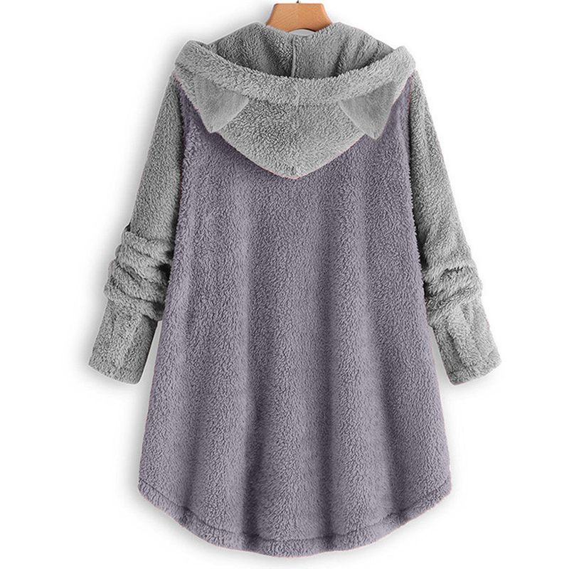 Women's Clothing Autumn And Winter Button Hooded Cat Ear Plush Top Irregular Trendy Brand Color Matching Jacket For Women_voghion.com