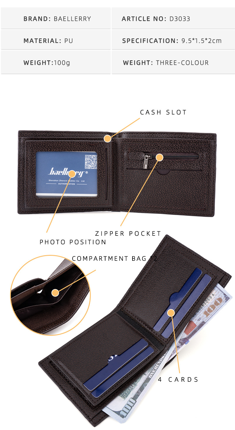 Neue Brieftasche für Herren, kurze Brieftasche aus Baellerry, grenzüberschreitendes Geschäft, offener Reißverschluss, Retro, zweifach gefalteter Kartenhalter für Männer_voghion.com