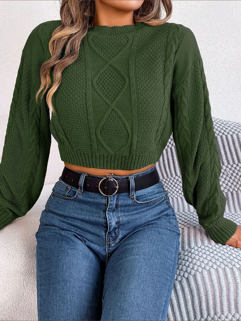 Maglione corto a maniche lunghe in maglia a trecce tinta unita casual autunno inverno 2025 da donna_voghion.com