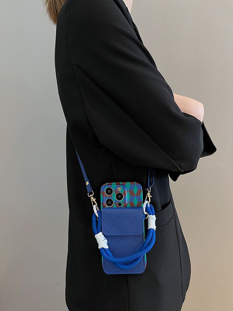 Porte-cartes bleu foncé à blocs de couleurs avec dragonne pour iPhone 13 et iPhone 14, modèle femme 11/12_voghion.com