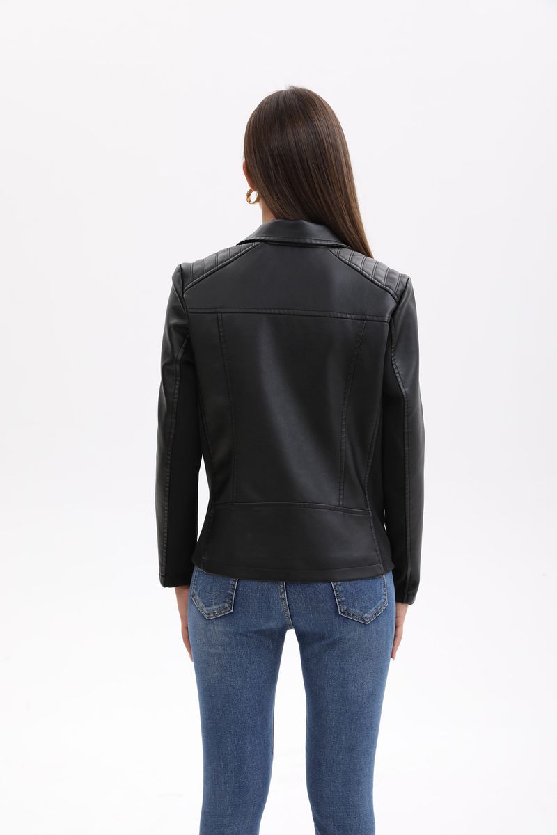 Damenbekleidung Kunstlederjacke mit Strickeinsätzen – Dehnbare kurze Bikerjacke in Schwarz, Camel & Braun | S-XXL_voghion.com