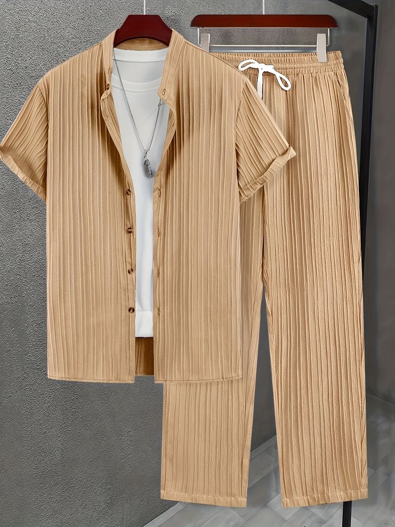 Costum casual pentru bărbați, la modă, cu dungi texturate și valuri, cu mânecă scurtă, pantaloni lungi_voghion.com