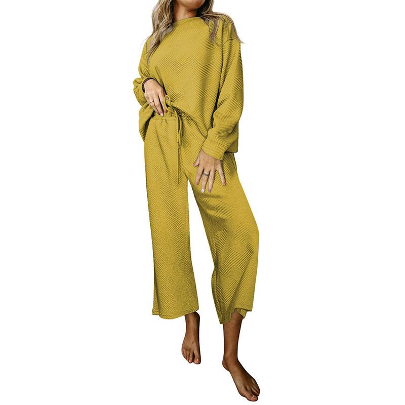 Terno casual solto simples de cor sólida, outono inverno, novo, texturizado, com cordão, roupa esportiva para mulheres, 2025_voghion.com