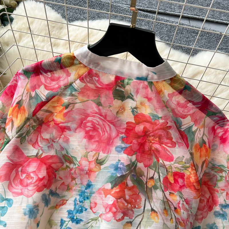 Women's clothing women's two-piece suit, ladylike temperament, lantern sleeve button-down slim-fitting top, high waist printed mesh skirt_voghion.com