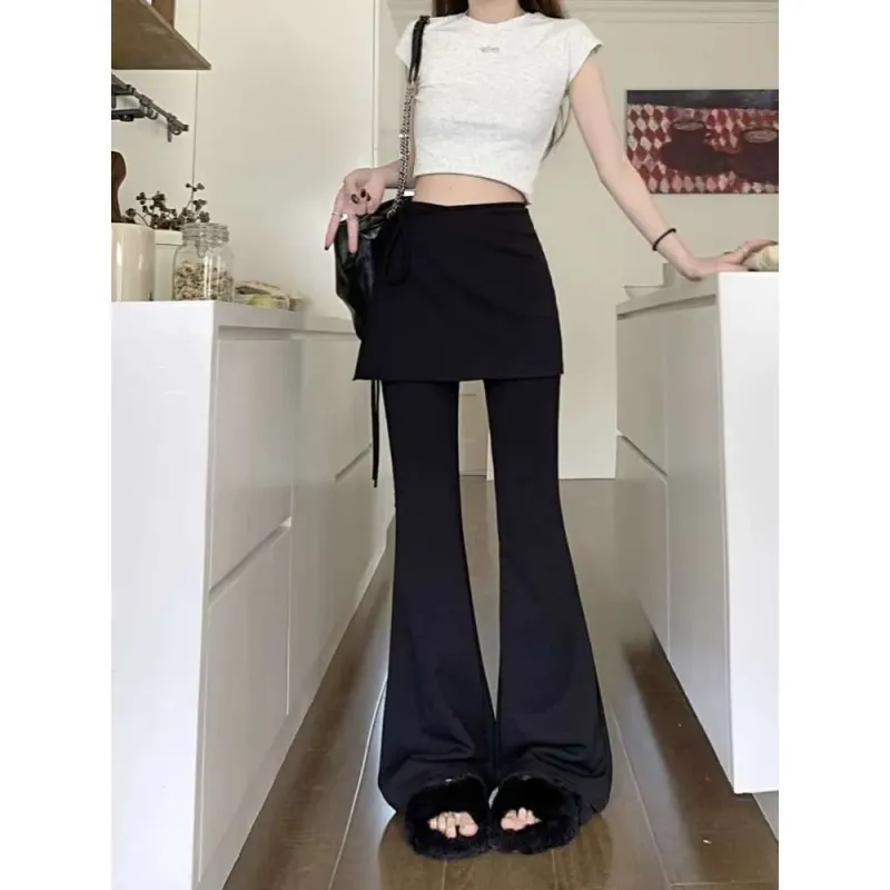 Black High-Waisted Summer Casual Women, Designed For A Slimming Effect, Loose Fit, Long Flared Pants, Bootcut Pants_voghion.com