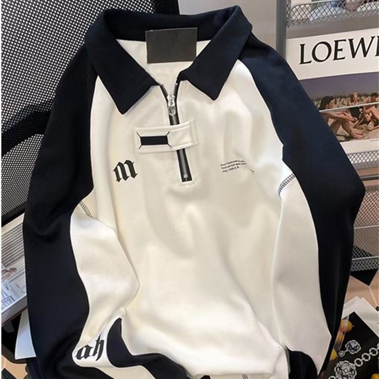 Half Zip Hoodie Paar Retro Trendy Marke Schwarz und Weiß Kontrastierendes Oberhemd_voghion.com