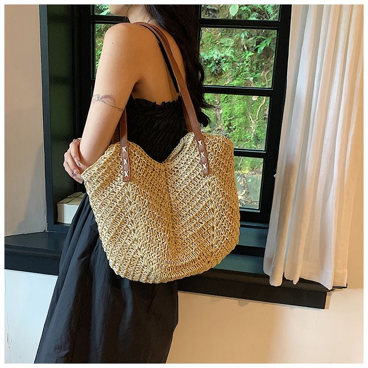 Borsa di paglia Borsa intrecciata Borsa di paglia intrecciata Mori Borsa da spiaggia per donna Borsa da spiaggia intrecciata Borsa a tracolla singola di grande capacità_voghion.com