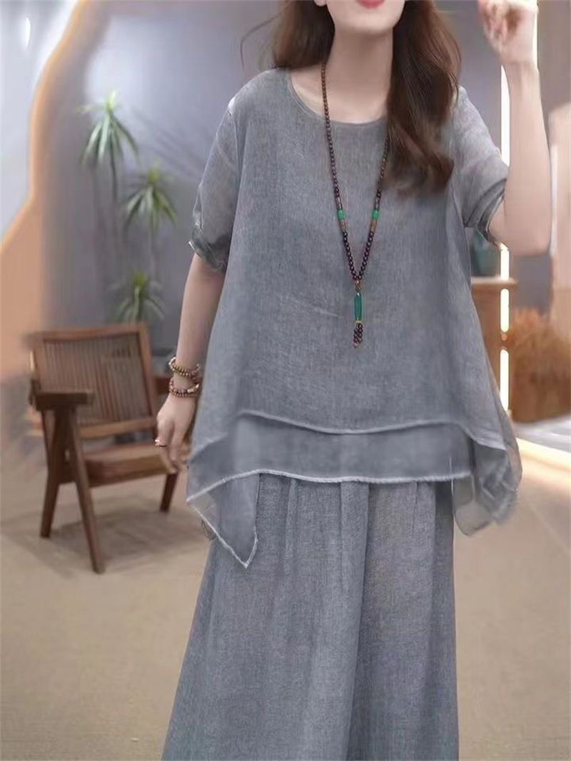 Ensemble deux pièces élégant en coton et lin pour femme, style ethnique, ample et amincissant, couvrant le ventre, été 2024_voghion.com