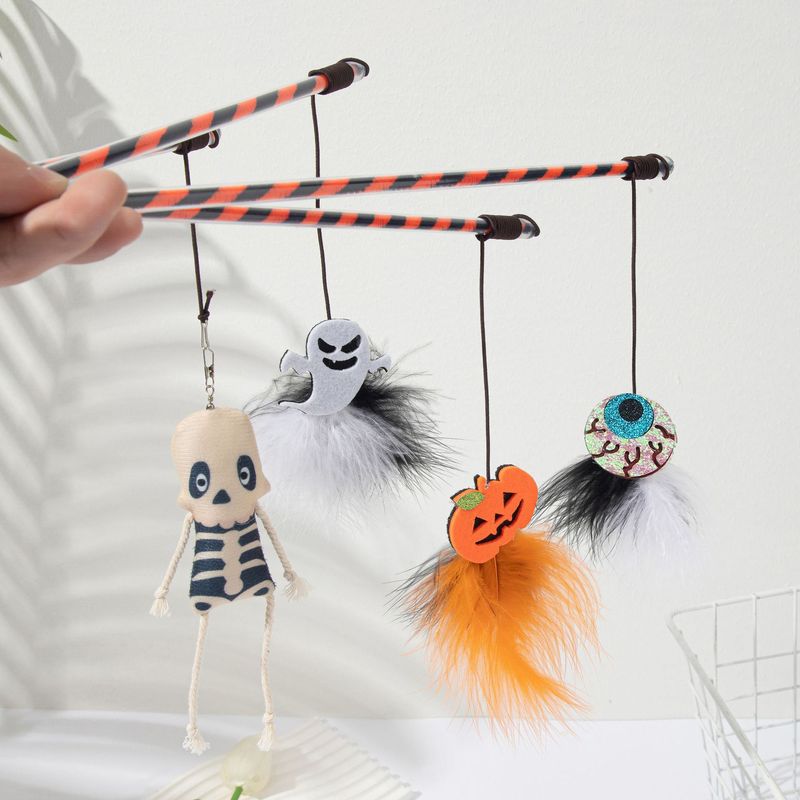 Halloween New Teasing Stick Pumpkin Ghost Feather Bell Plastic Cat Toy_voghion.com
