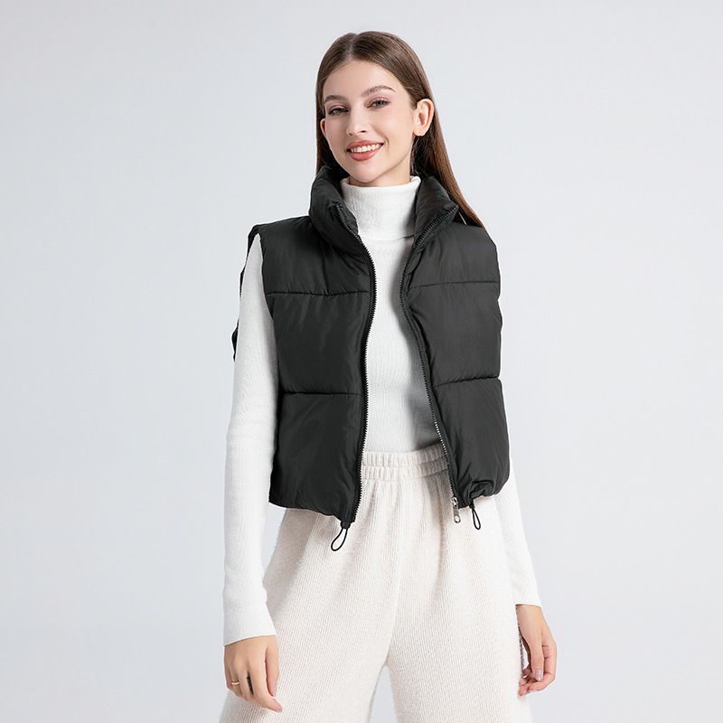 Stilvolle, gesteppte, ärmellose Weste für Damen mit Kordelzug, leichte Pufferweste für Freizeit und Büro (Beige, Schwarz, Khaki, Braun, Pink)_voghion.com