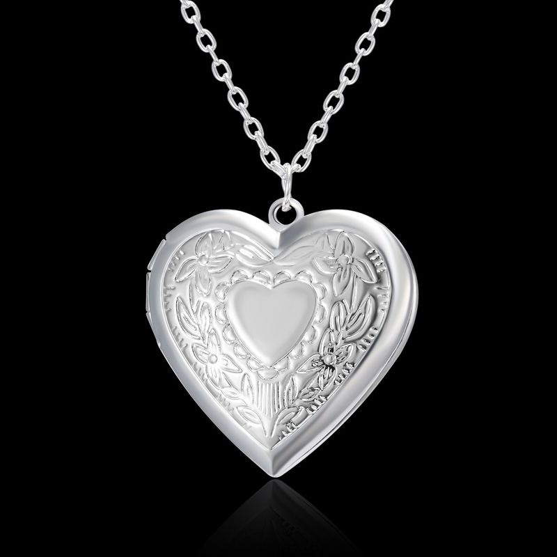 New Carved Peach Heart Openable Frame Box Photo Pendant Necklace For Women Silver Plated_voghion.com