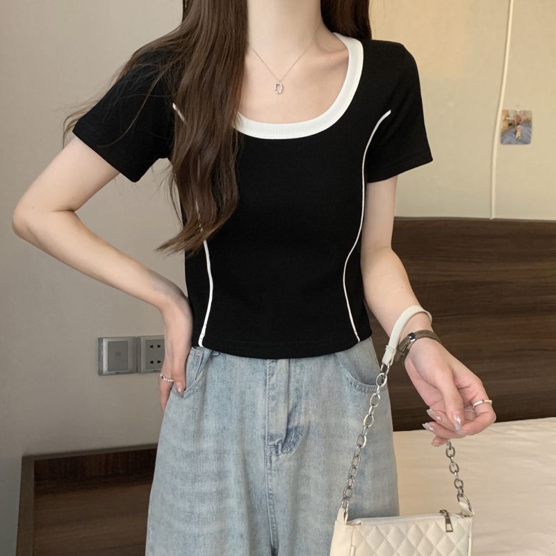 Shoulder sleeved T-shirt for women in summer, unique and chic color blocking, square neck shirt with contrasting colors,_voghion.com