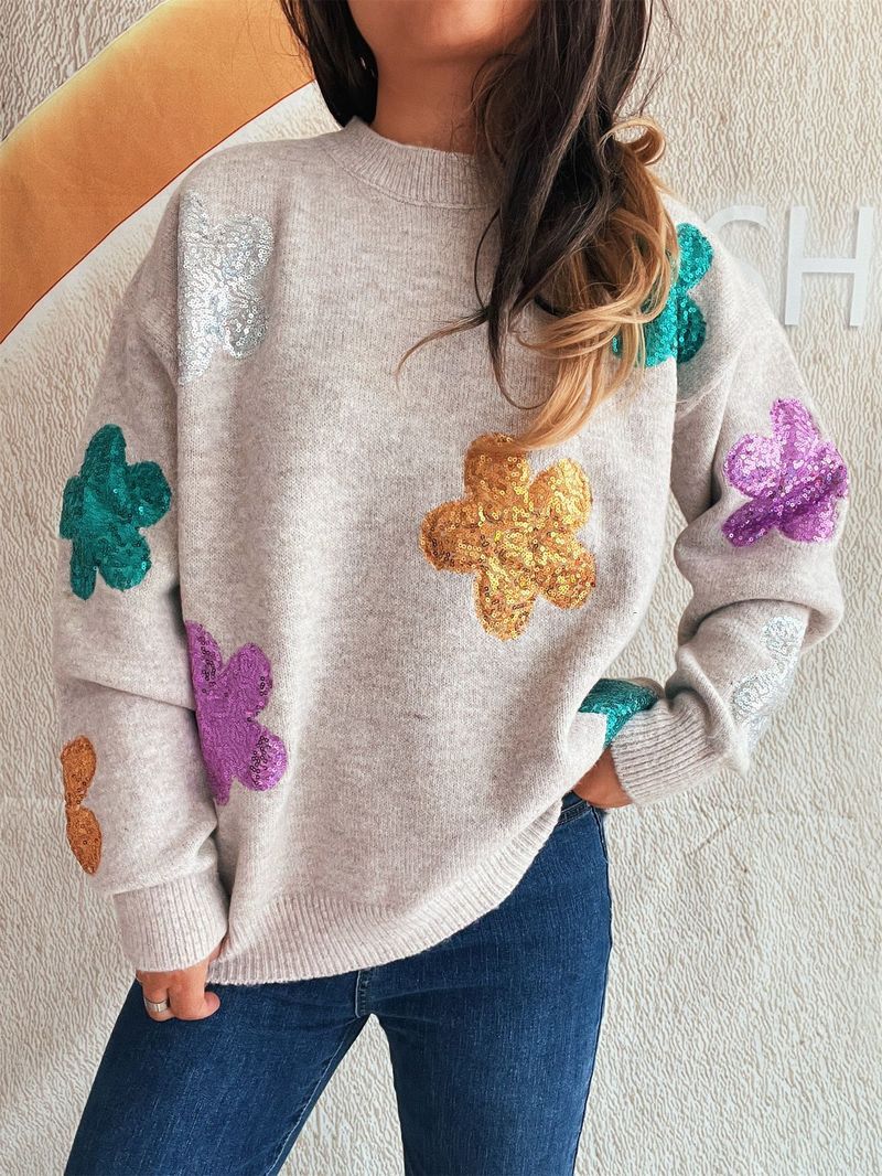 Pull en maille fleurie pailletée – Pull oversize et confortable pour femme (taille S à L, mélange polyester, style streetwear coréen, doux et chaud, lavable en machine)_voghion.com