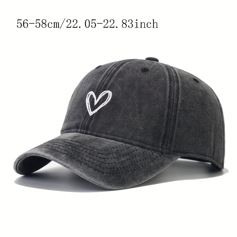 Washed Vintage Simple Baseball Cap Heart Embroidered Dad Hat Curved Brim Adjustable Sun Hats_voghion.com