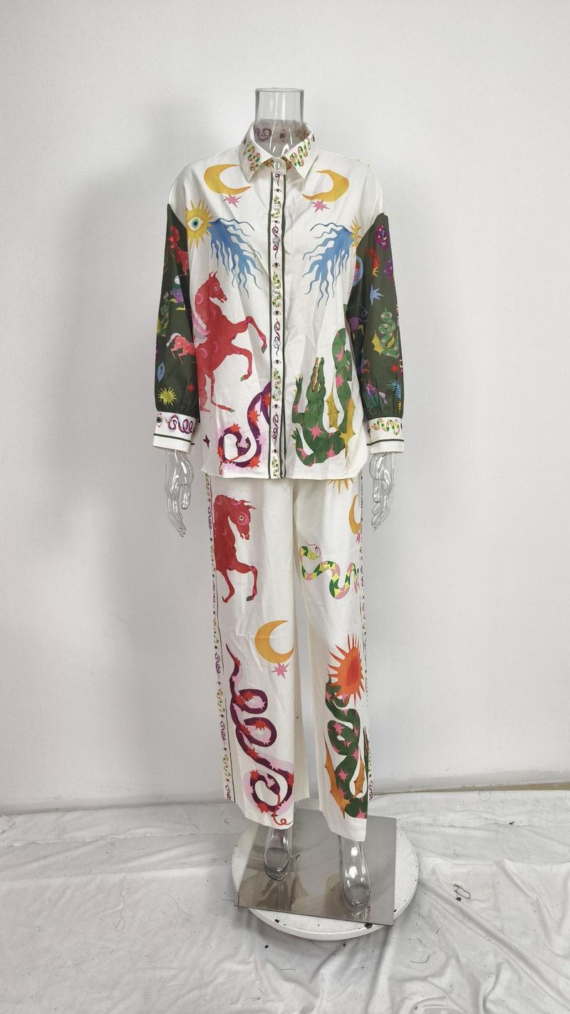 Vêtements pour femmes, nouveau style de printemps, costume pour femmes, imprimé, col rond, manches chauve-souris amples, taille, pantalon large, costume de mode_voghion.com