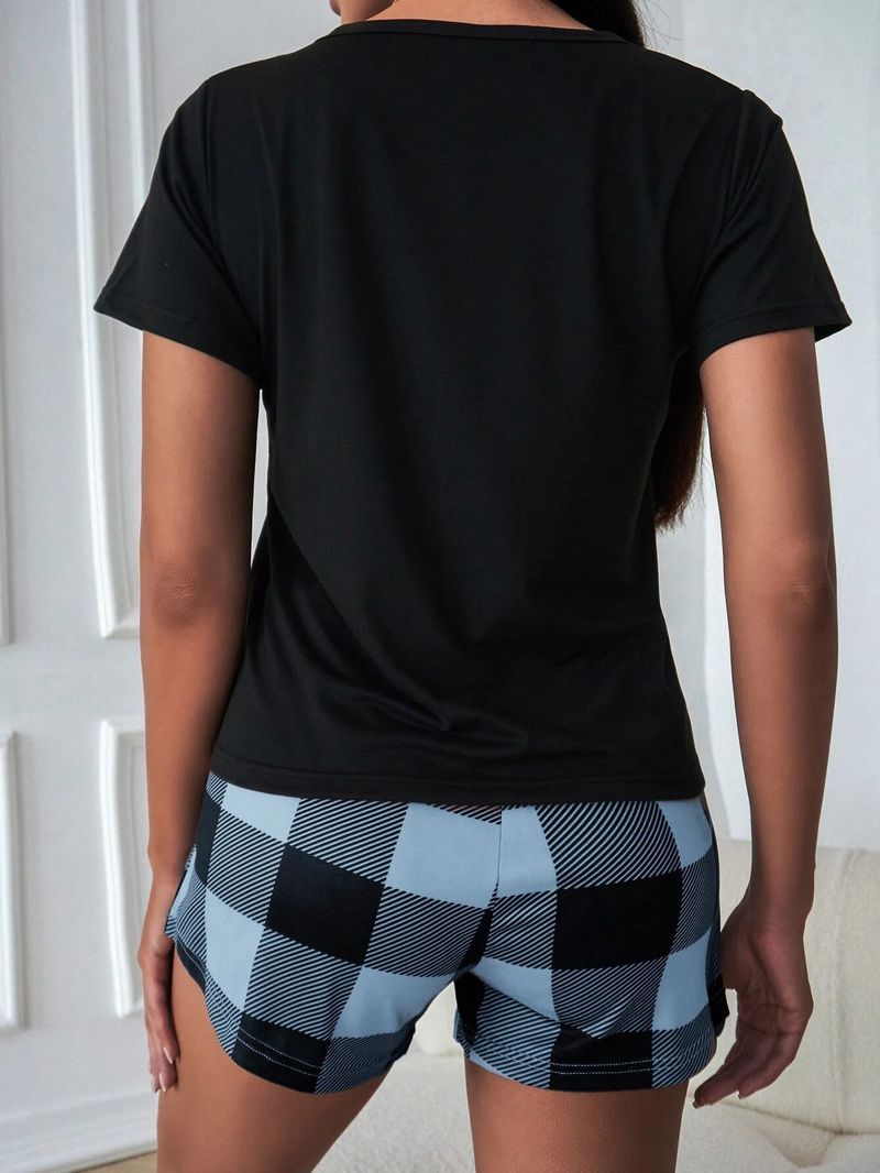 Women's Pajama Set, New Summer Models, Plaid Shorts, Round Neck Short-sleeved Top, Loungewear._voghion.com