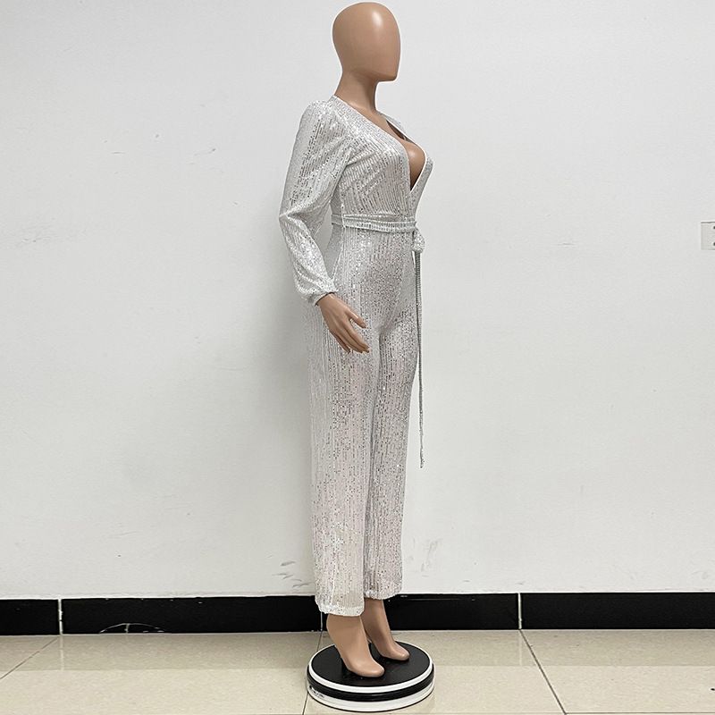 Damkläder Ins Style Deep V Mode Casual Jumpsuit Långärmat Bälte Paljett Jumpsuit Dam_voghion.com