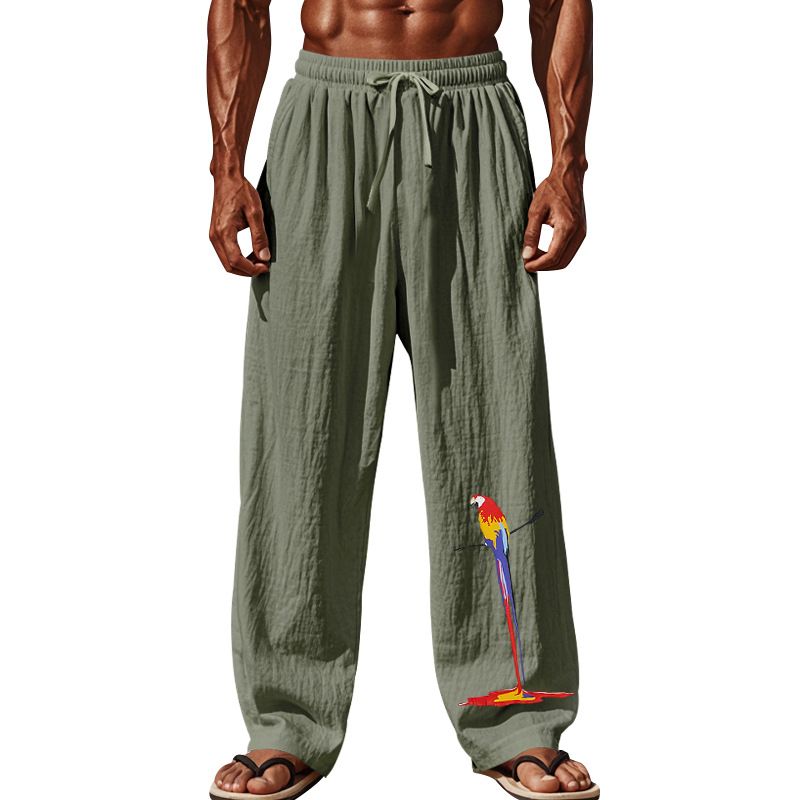Herbst Herren Papagei Druck Atmungsaktive Baumwolle Leinen Lose Casual Sporthose_voghion.com