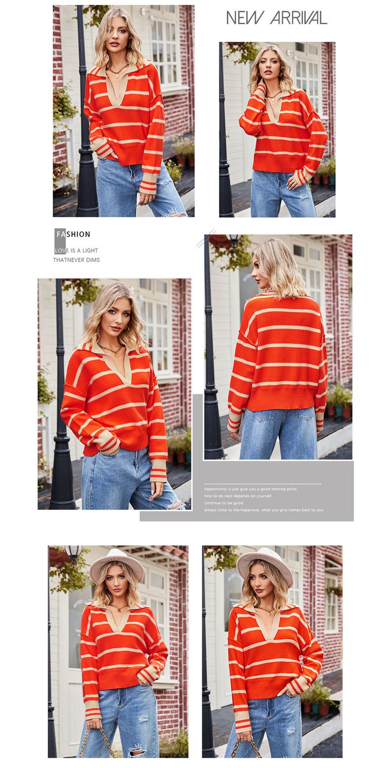 Pull ample à rayures pour femmes, vêtements à la mode, avec revers, grande taille_voghion.com