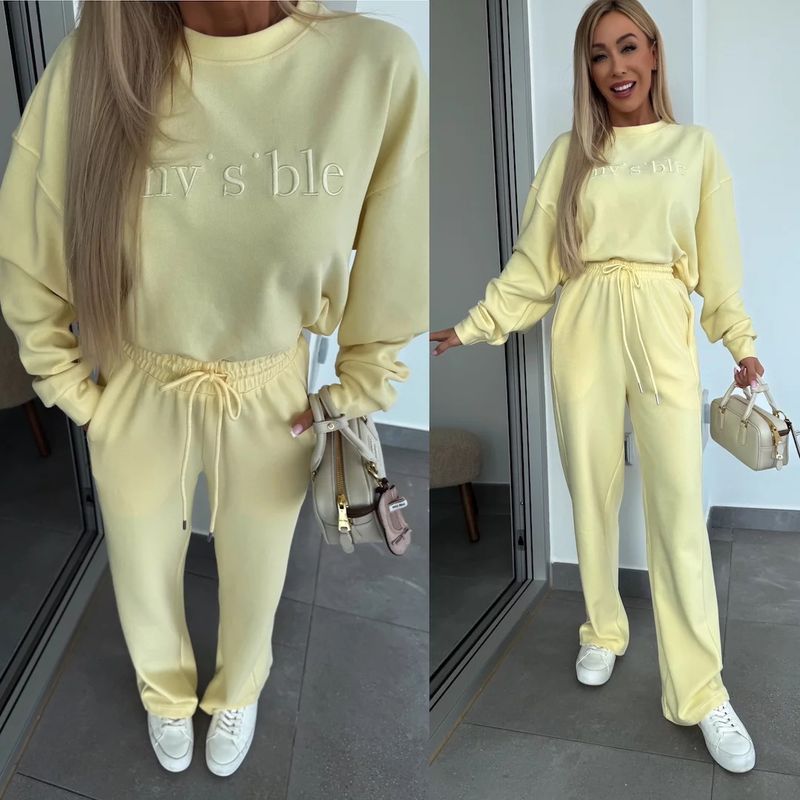 Abbigliamento da donna, completo primaverile, tinta unita, scollo tondo, manica lunga, maglione con ricamo a lettere, pantaloni con lacci, set da due pezzi_voghion.com