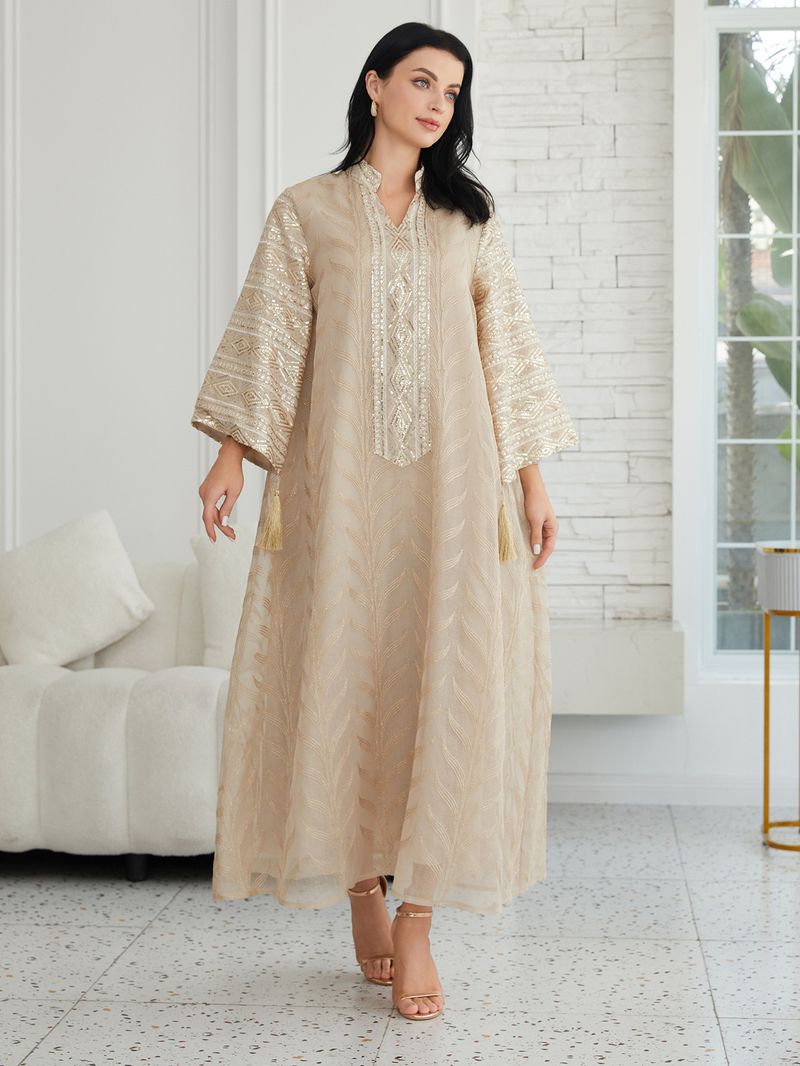 Elegantes nahöstliches muslimisches Abaya-Kleid mit bestickten Perlen und Spitzenbesatz – schlichtes langärmeliges Maxikleid für Frauen_voghion.com