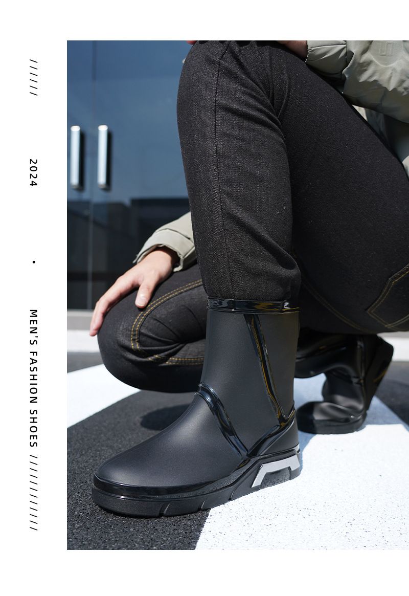 Modische flache Herren-Regenschuhe, mittlere Röhre, rutschfest, wasserdicht, Angelschuhe, Baustellen-/Küchen-Wasserschuhe für Herren_voghion.com