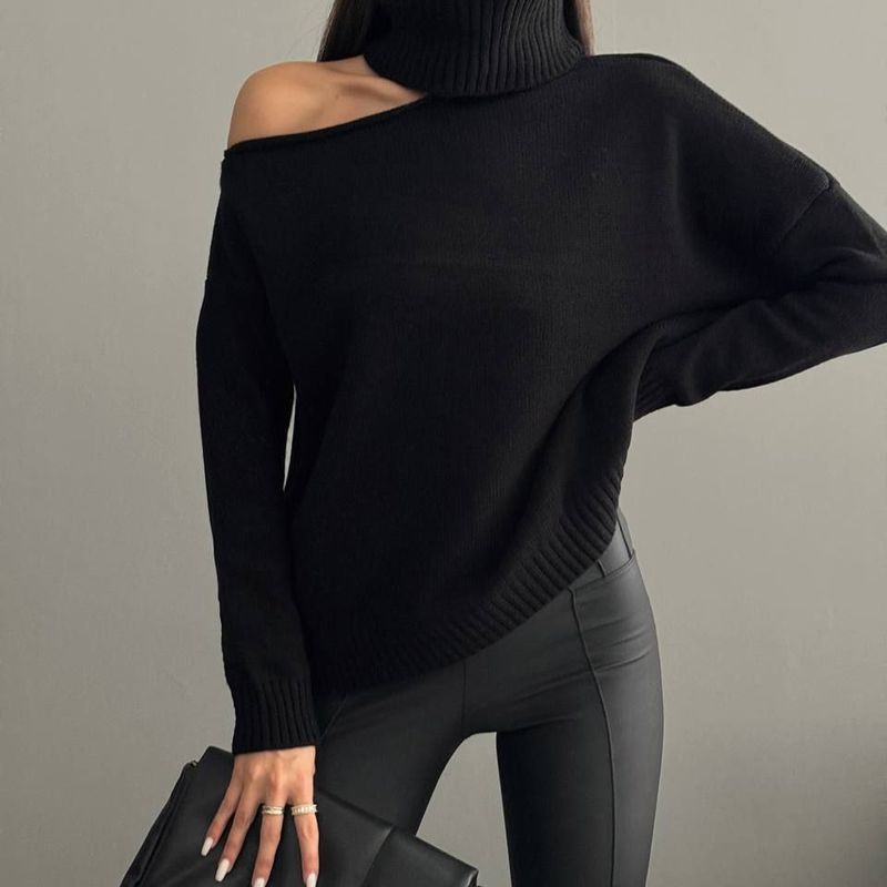 Women's Clothing 2024 autumn new women's clothing pure desire style off shoulder half high collar slim all match knitted sweater_voghion.com