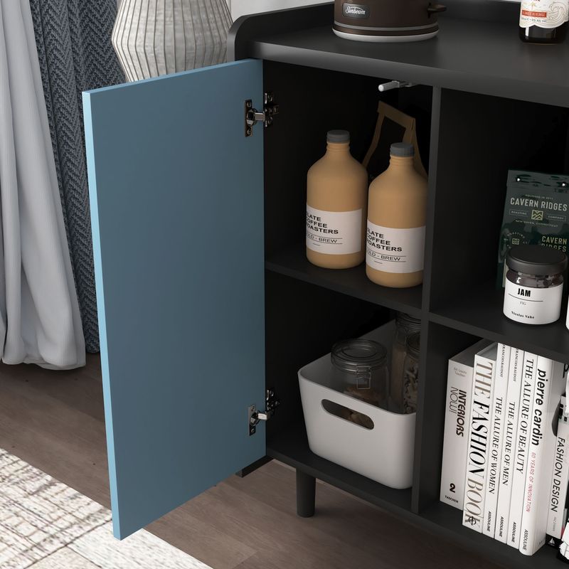 Sideboard Buffet Cabinet, Black Storage Cabinet With Red Doors , 2 Drawers With Unique Panel Styling And 2 Open Storage Compartment, Modern Coffee Bar Cabinet Accent Cabinet For Kitchen, Dining Room,_voghion.com